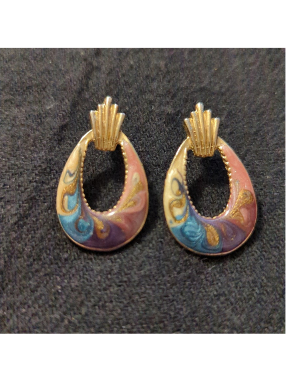 Vintage 80's Gold Tone Door Knocker Marbled Swirl Enamel Statement Earrings